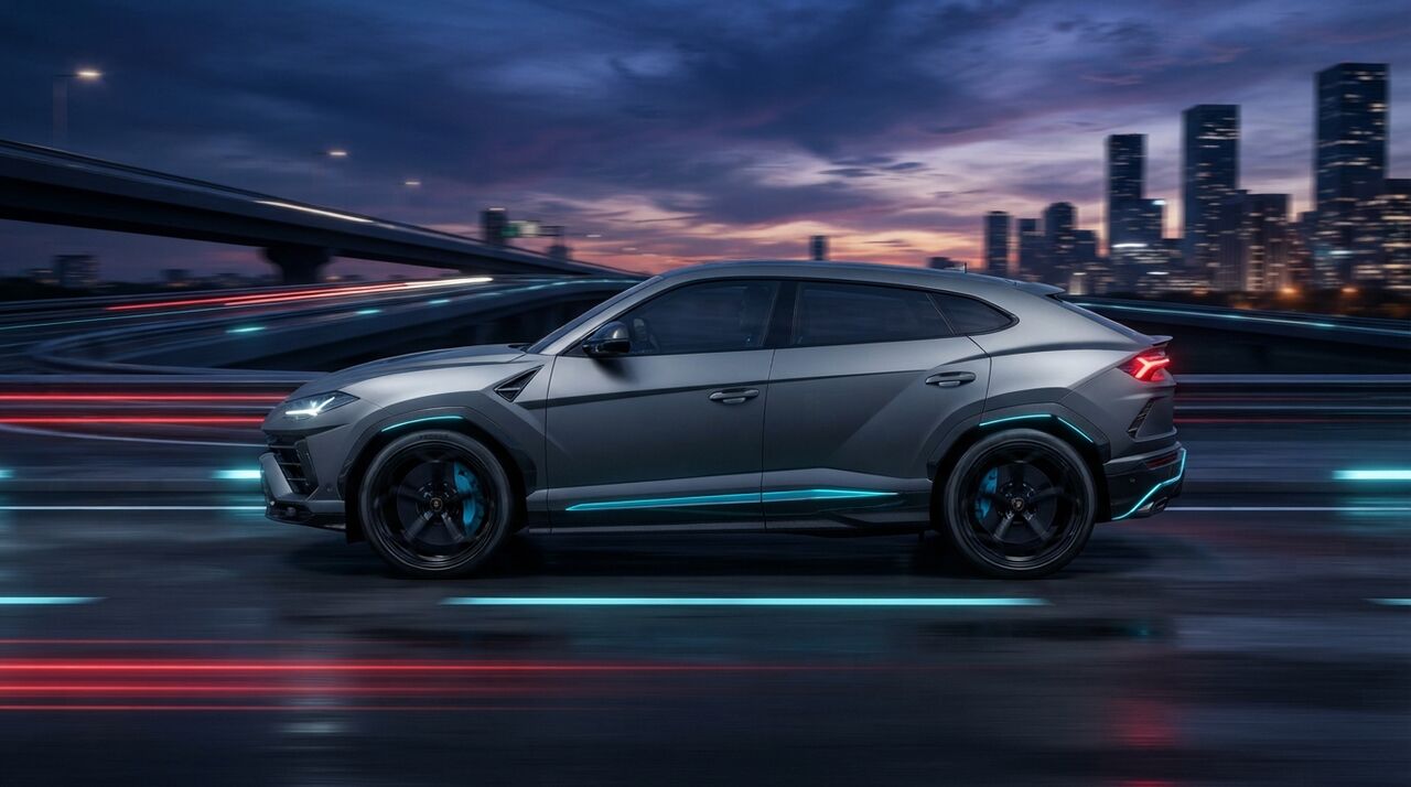 Lamborghini Urus cinza numa via expressa à noite